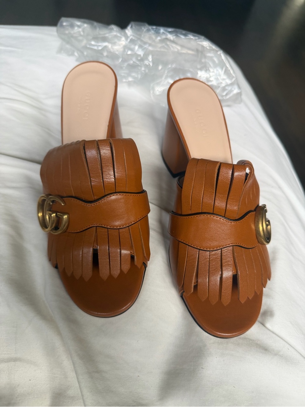 Gucci Tan Leather Fringe Block Heel Mules with Gold Double G